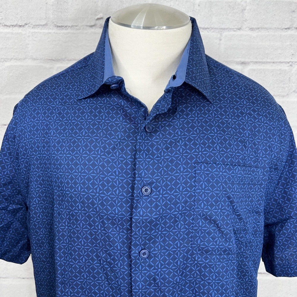 Nat Nast Mens Large Silk Blend Blue Geometric Print Casual Shirt Hawaiian Resort